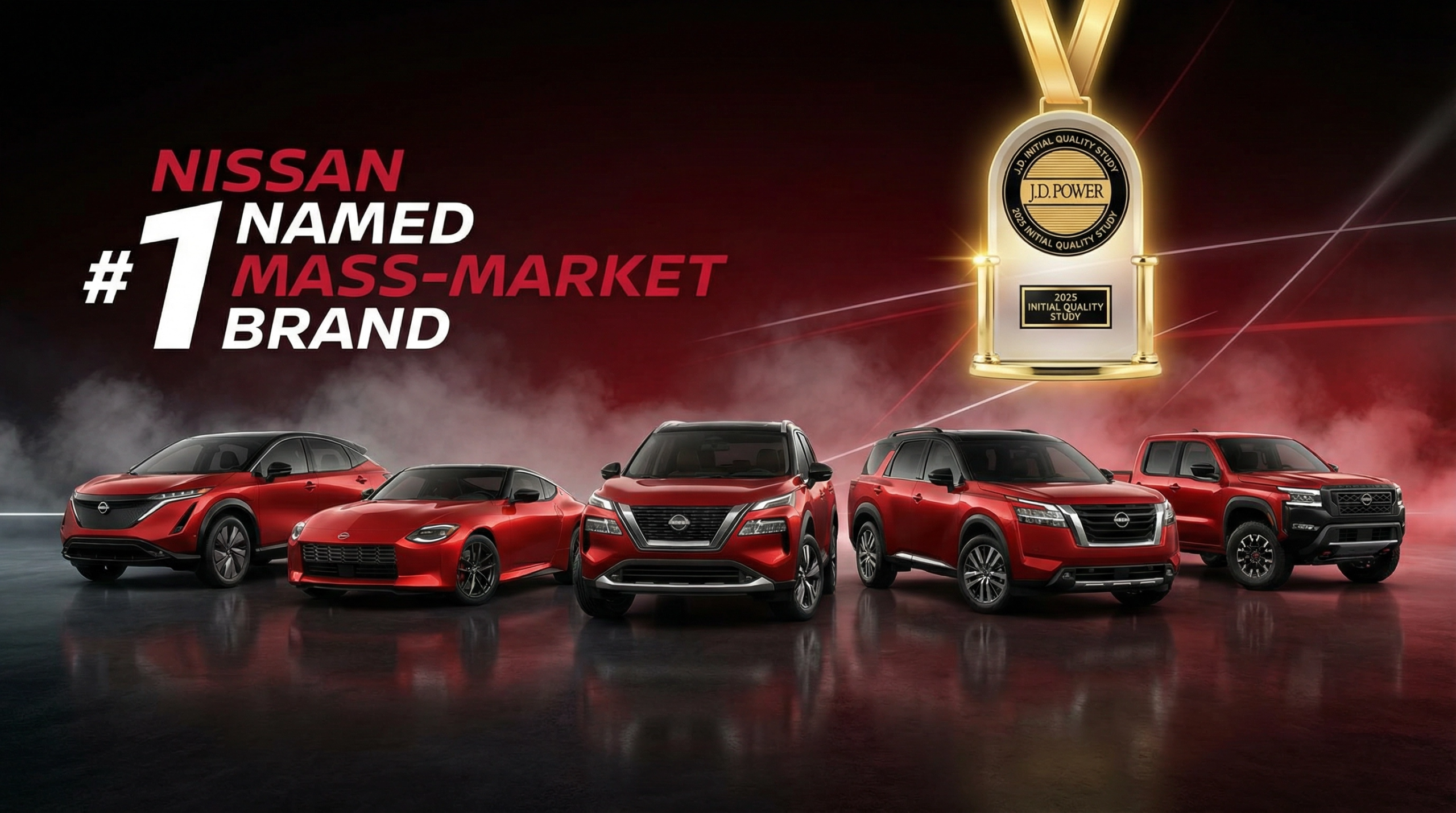 Nissan lineup of vehicles displayed with the J.D. Power 2025 Initial Quality Study award trophy, recognizing Nissan as the #1 Mass-Market Brand in initial quality — available at Chico Nissan in Chico, CA