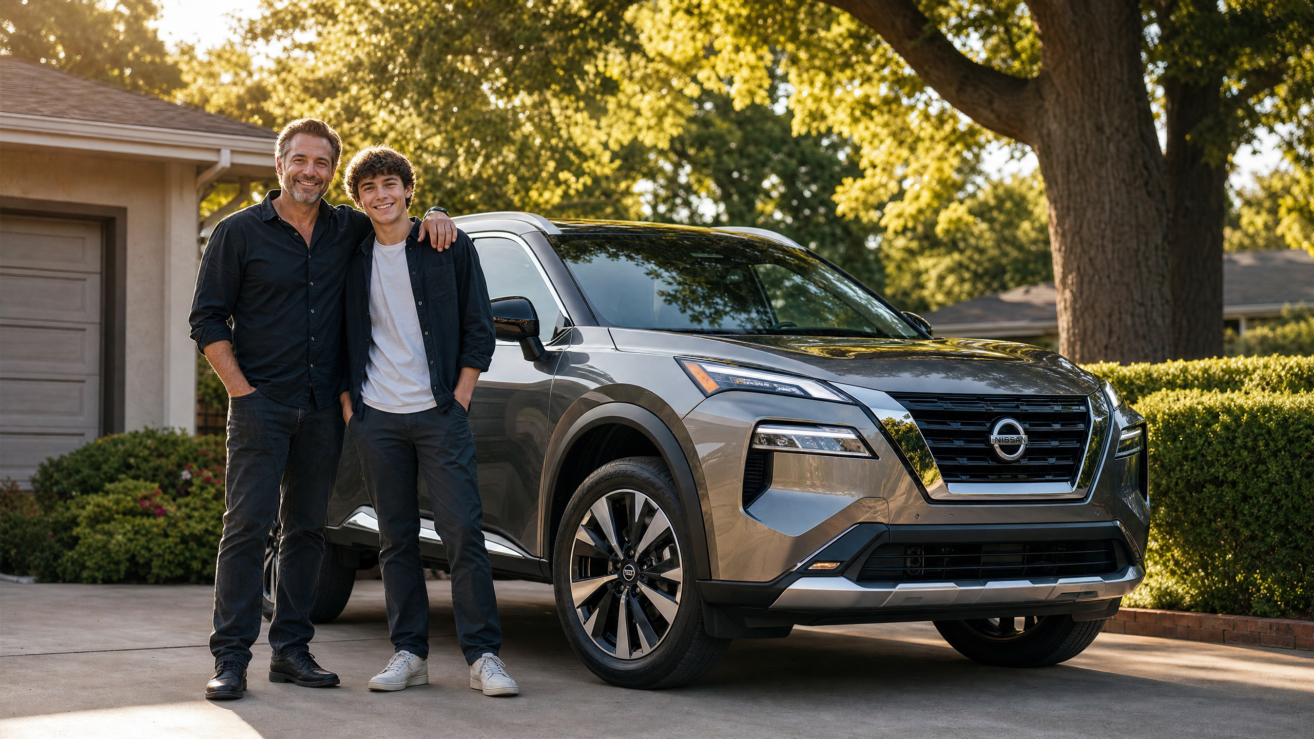 Father and son smiling together beside a 2026 Nissan Rogue in a sunny Northern California driveway — Father's Day at Chico Nissan