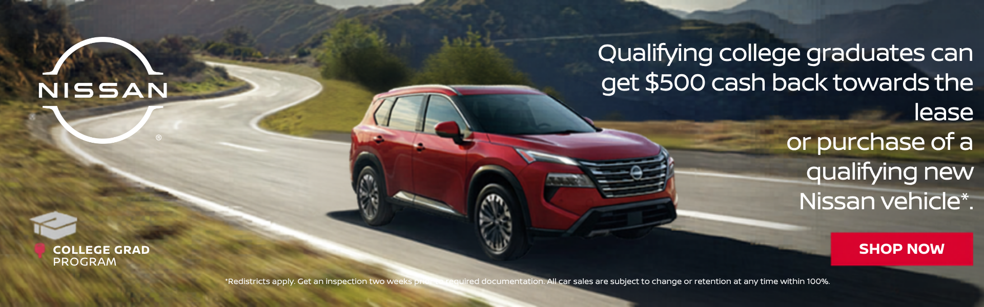 Red Nissan SUV driving on scenic road with college grad $500